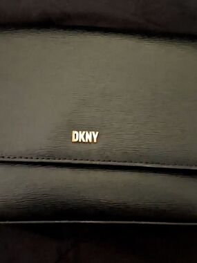 DKNY Black Leather Women's Clutch Bag with Gold Logo